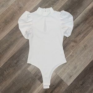 White Puff-Sleeve Ribbed Bodysuit